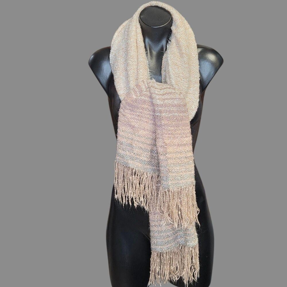 Merona Scarf Womens One Size Beige Striped Knit Shawl Wrap Fringe Winter Cozy